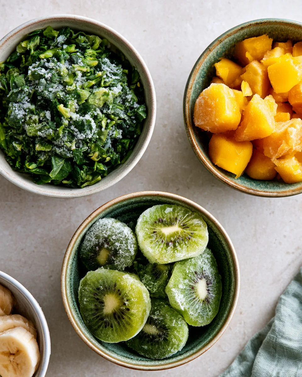 Frosne ingredienser til grønn base: spinat, mango, kiwi og banan i keramiske skåler