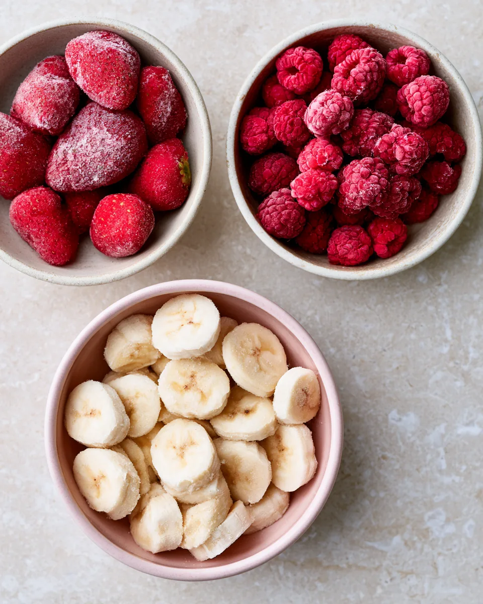 Frosne ingredienser til rosa base: jordbær, bringebær og banan i keramiske skåler
