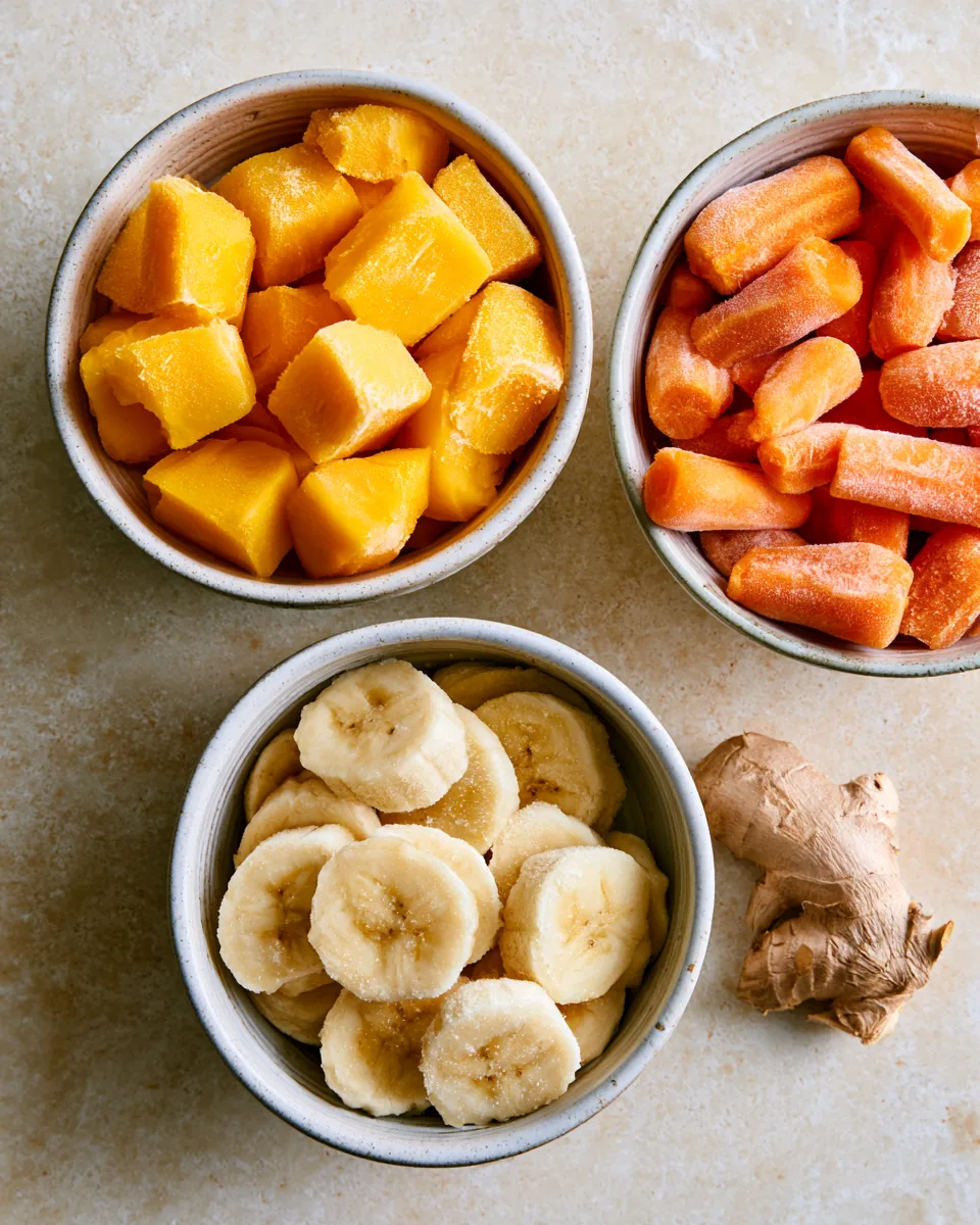 Frosne ingredienser til gul base: mango, gulrot og banan med fersk ingefær